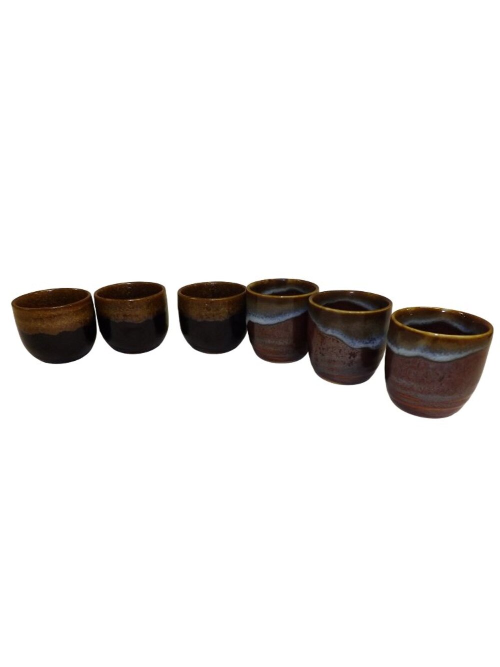 Set Of 6 Vtg Brown & Blue Ceramic Japanese Tea Cups 2" Tall Handcrafted Sake